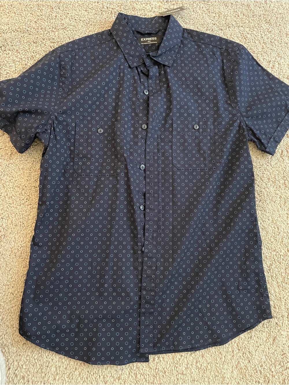 Express Men's Navy Short Sleeve Button-Down with Micro Dot Print